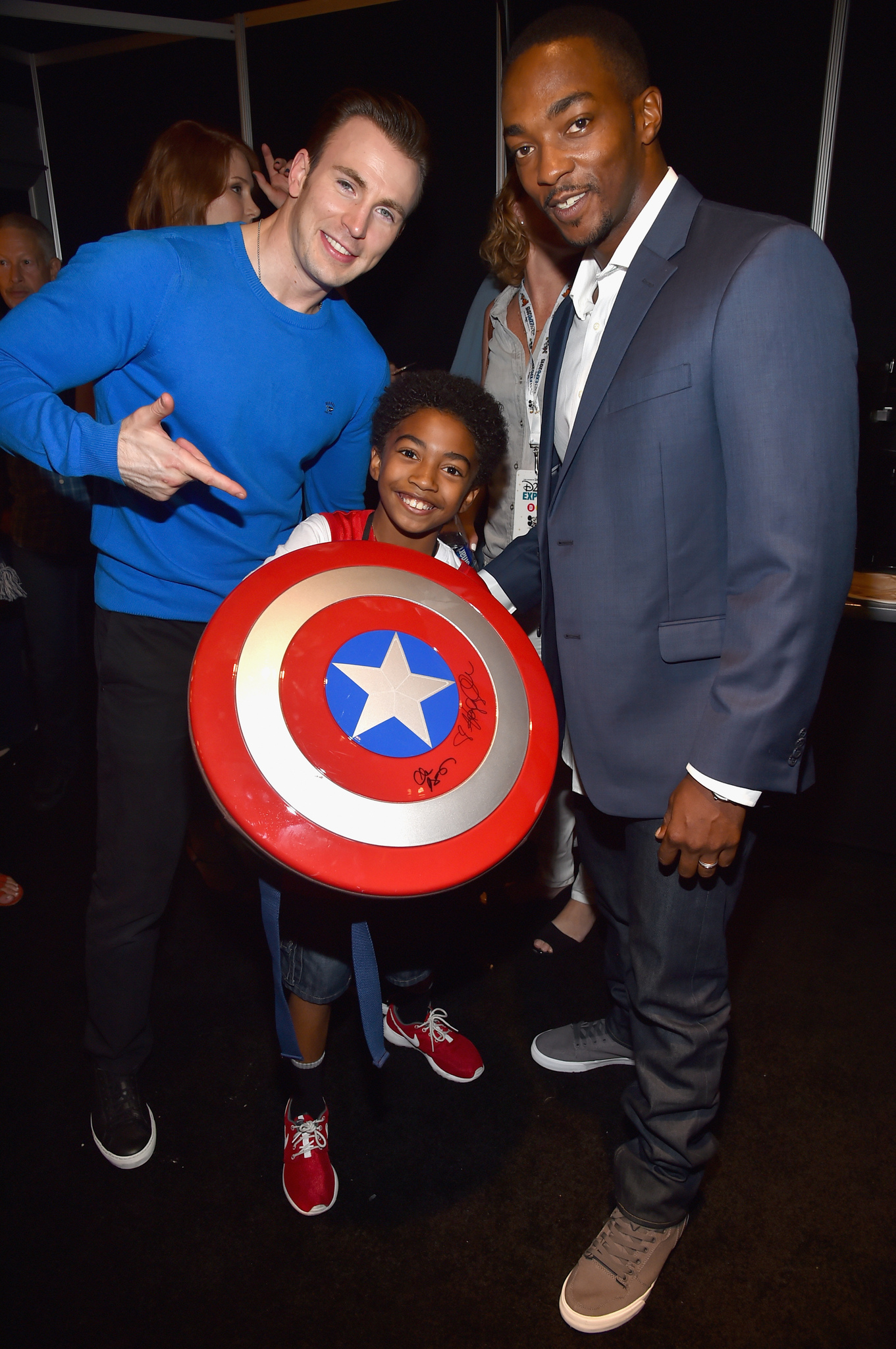 Chris Evans, Anthony Mackie and Miles Brown at event of Captain America: Civil War (2016)