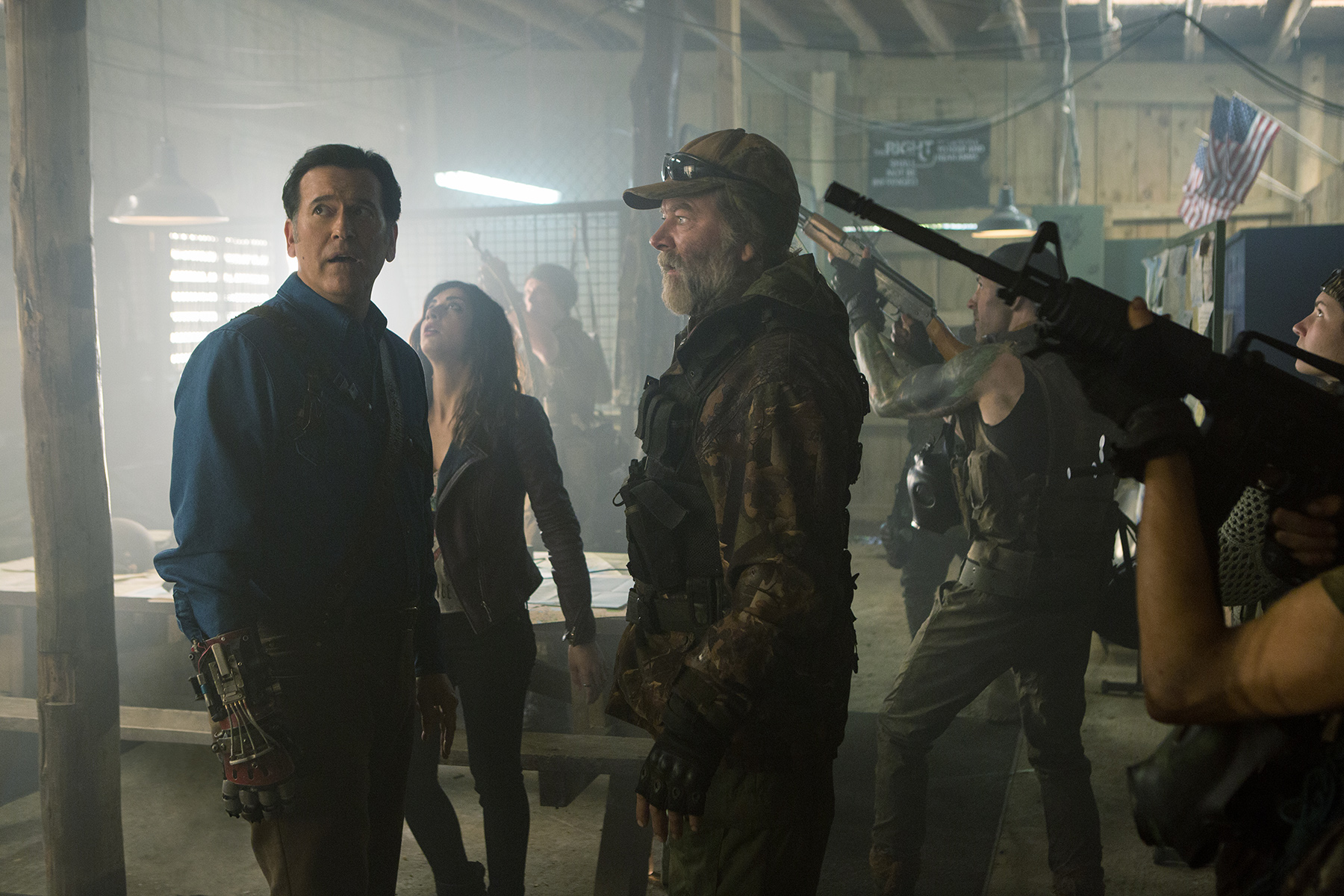 Still of Bruce Campbell, Dana DeLorenzo, Mark Mitchinson and Mike Estes in Ash vs Evil Dead (2015)