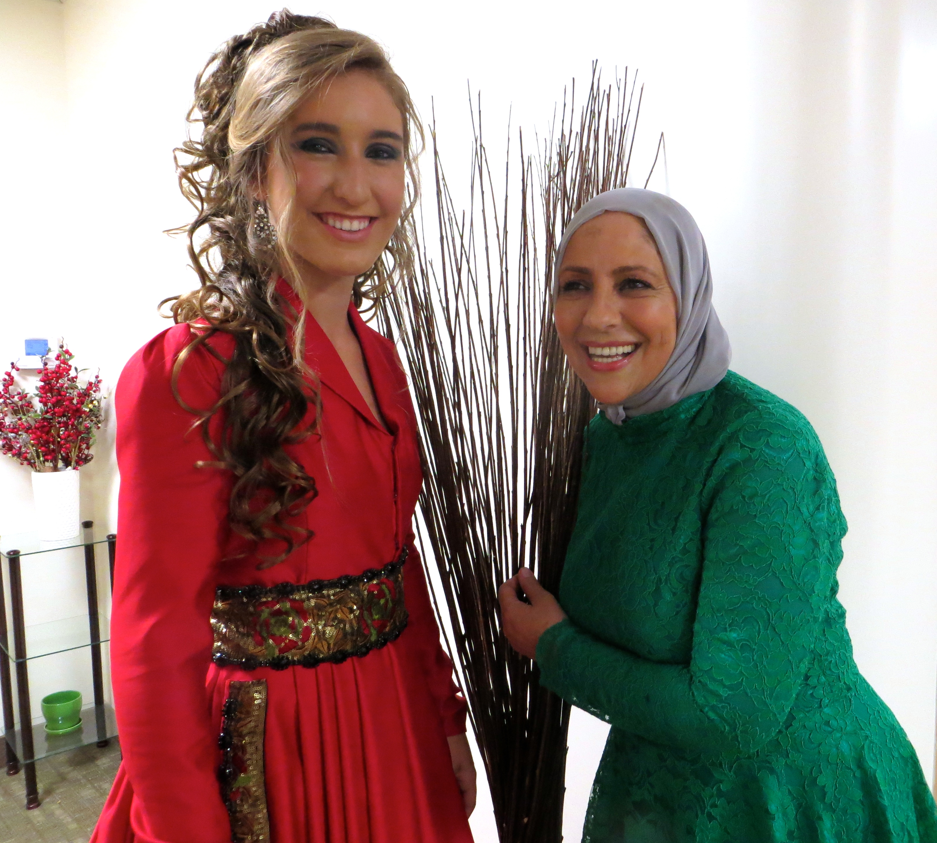 Carina with Fashion Designer Nime Jamal, wearing one of her one of kind designs.
