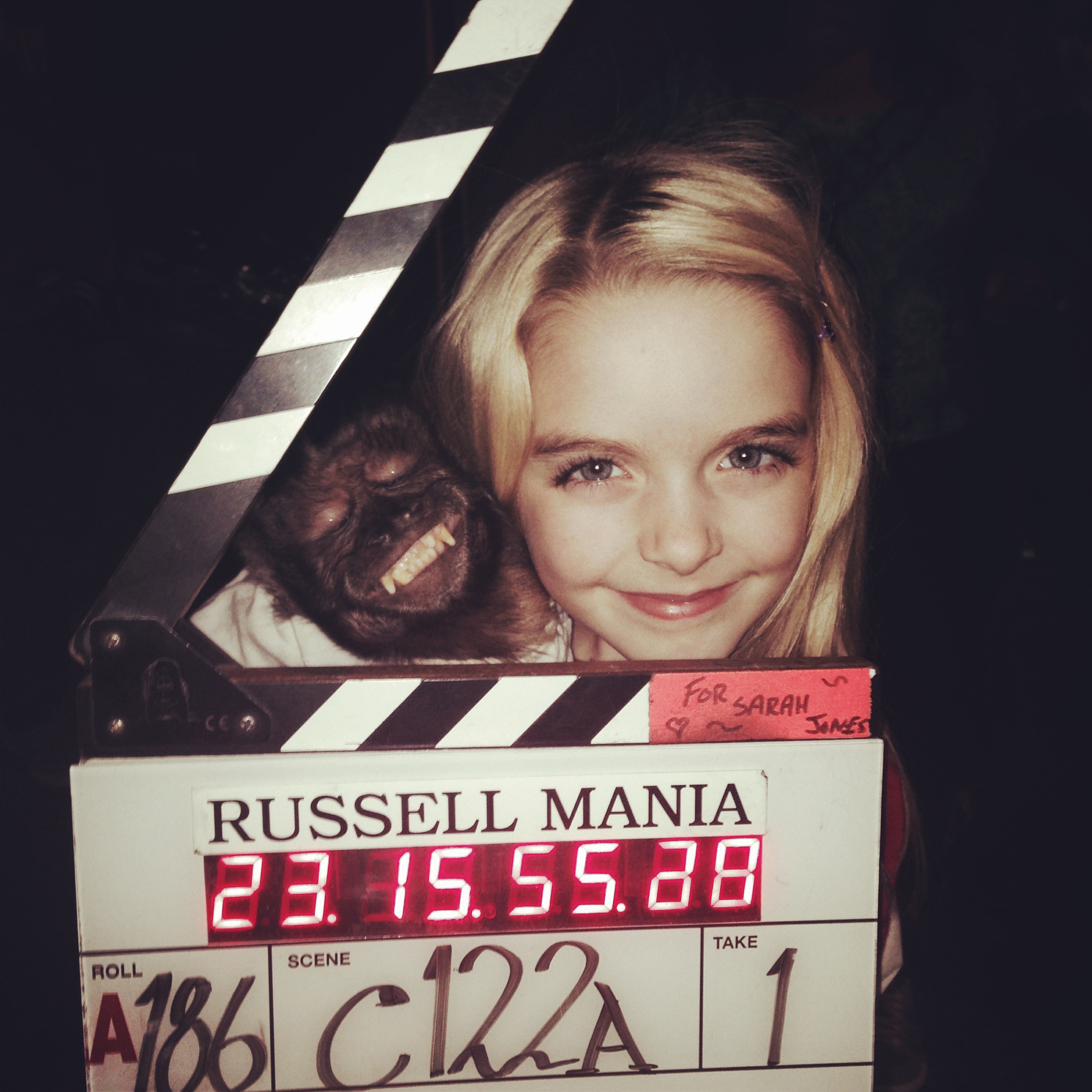 Mckenna Grace and Crystal the Monkey on set of Russell Mania
