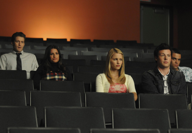 Still of Lea Michele, Matthew Morrison, Cory Monteith and Dianna Agron in Glee: Hairography (2009)