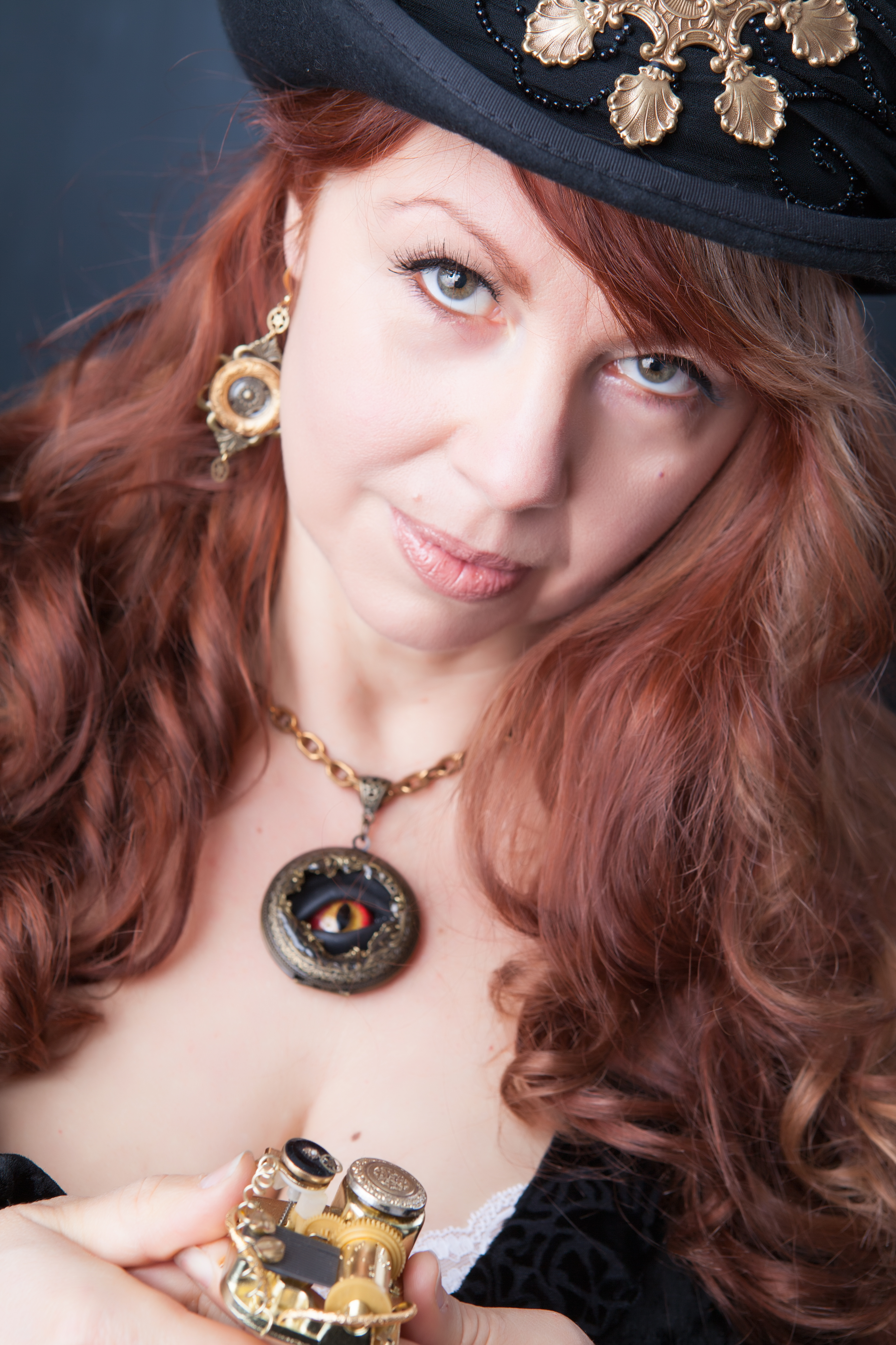 Dr Brassy Steamington, Steampunk Jewelry Designer and Maker, wearing one of her Sightmares  © Pocket Watchers Eyes.