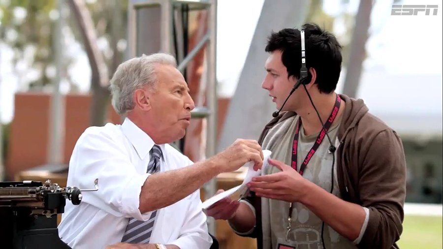 Lee Corso (left) and Nikita Bogolyubov (right) in ESPN College GameDay commercial