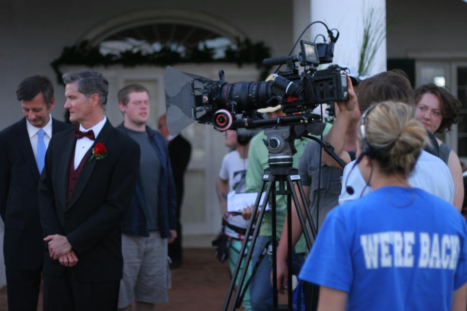 Gus Rhodes (far left)in the role of David Tomayo on set with cast and crew members of THE VEIL - Wendy Granger, Director