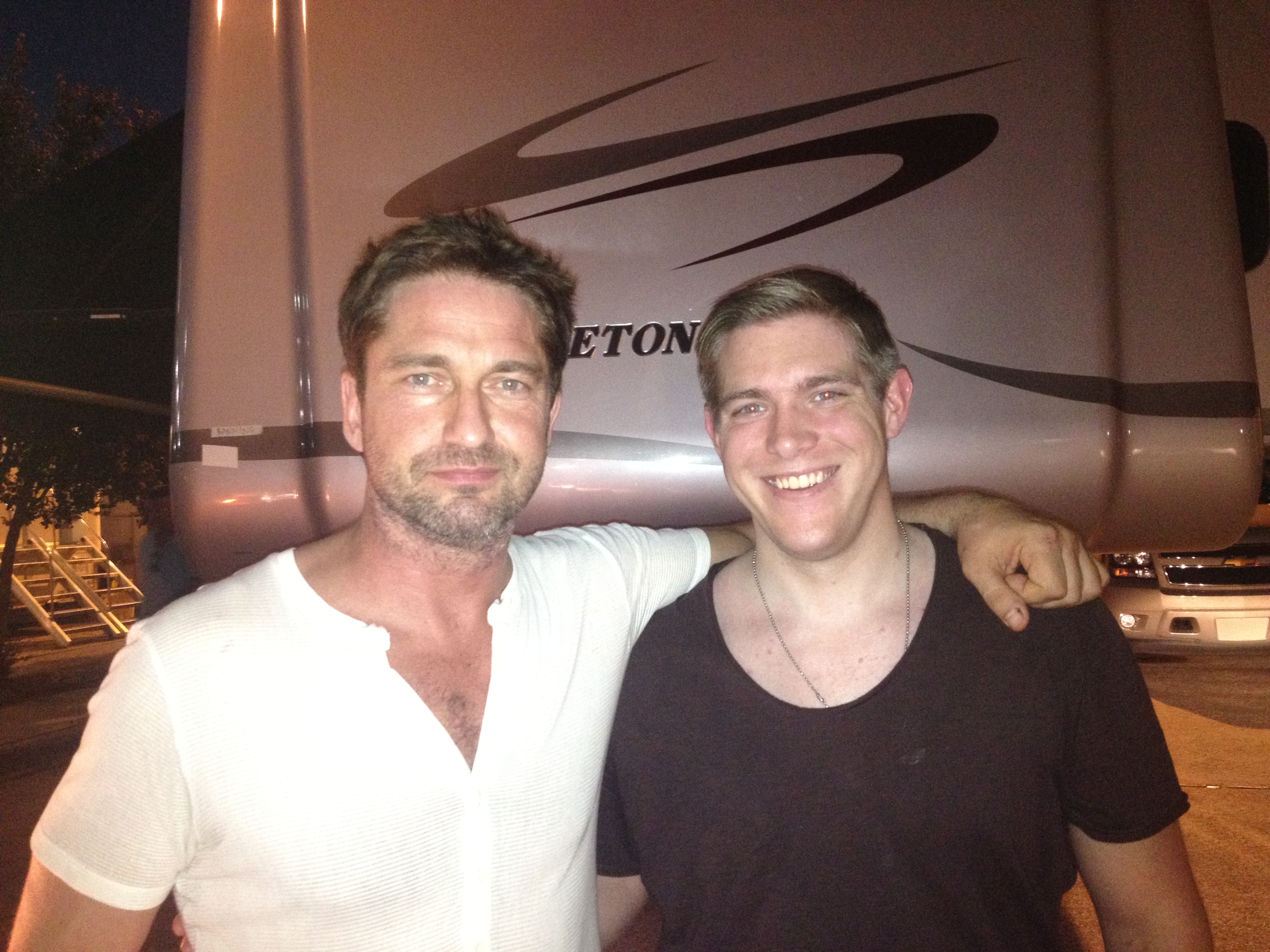 Cody Daniel and Gerard Butler on the set of Olympus Has Fallen