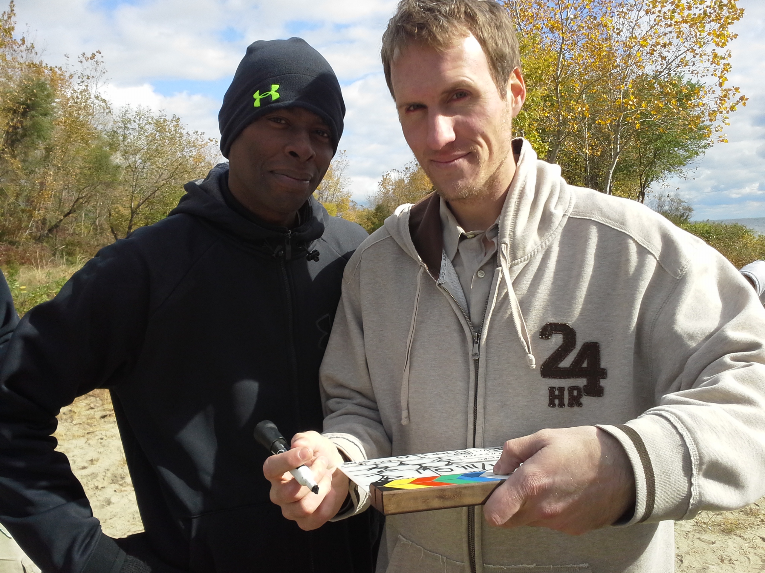 DP David M. Brewer and Director Chris Majors celebrate Final Martini Shot on set of Lake Eerie Oct 2013.