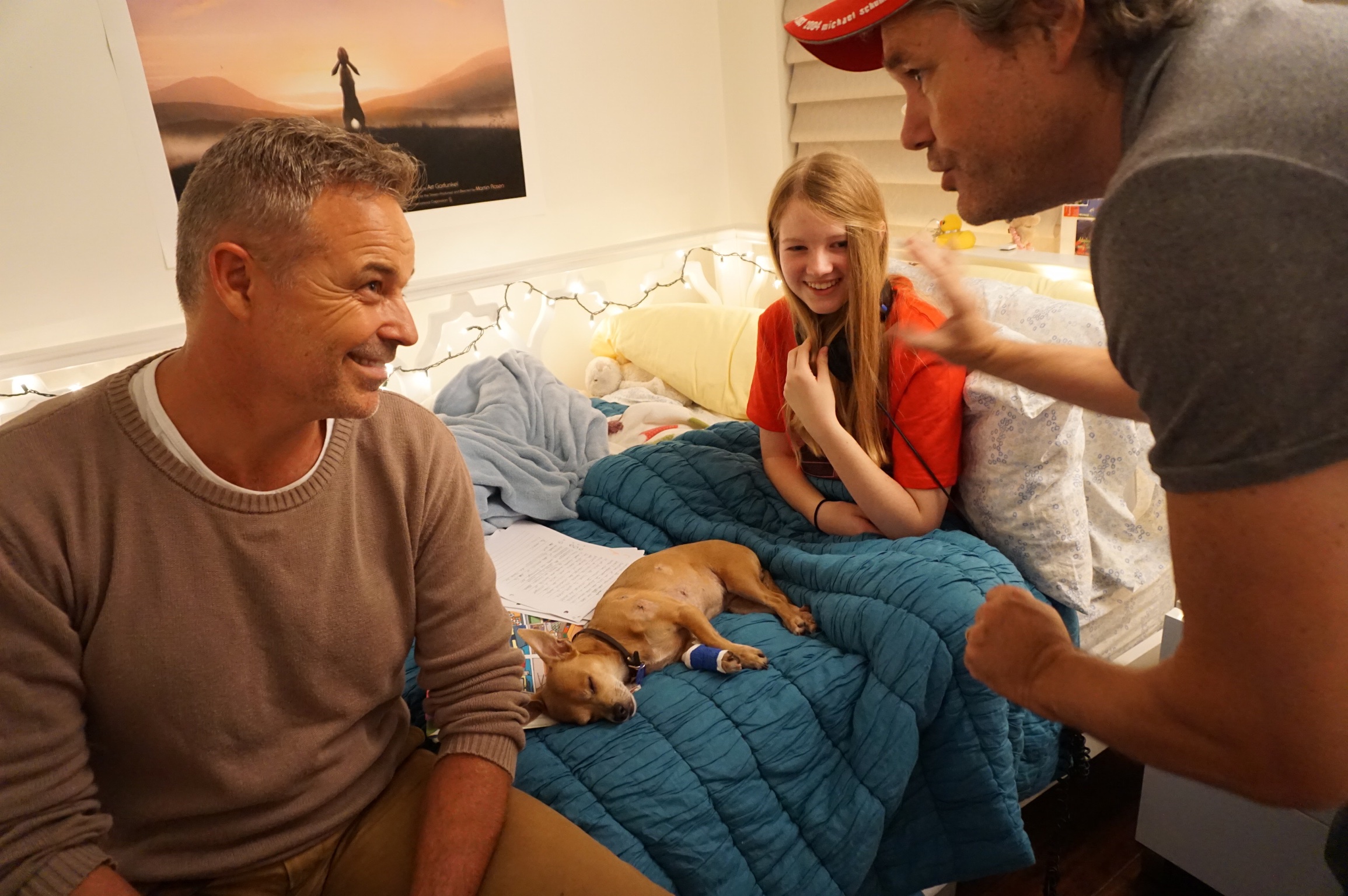 Cameron Daddo, Scamps, Lizzy Kay and Michael Bond in a scene from Elle