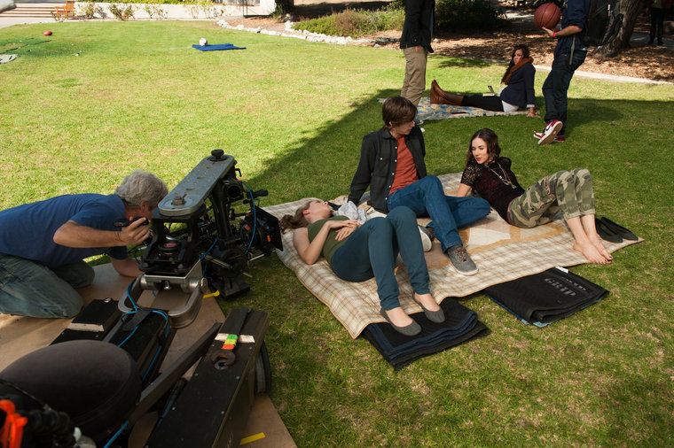Lyndon Smith, Skylar Day, and Miles Heizer on the set of 
