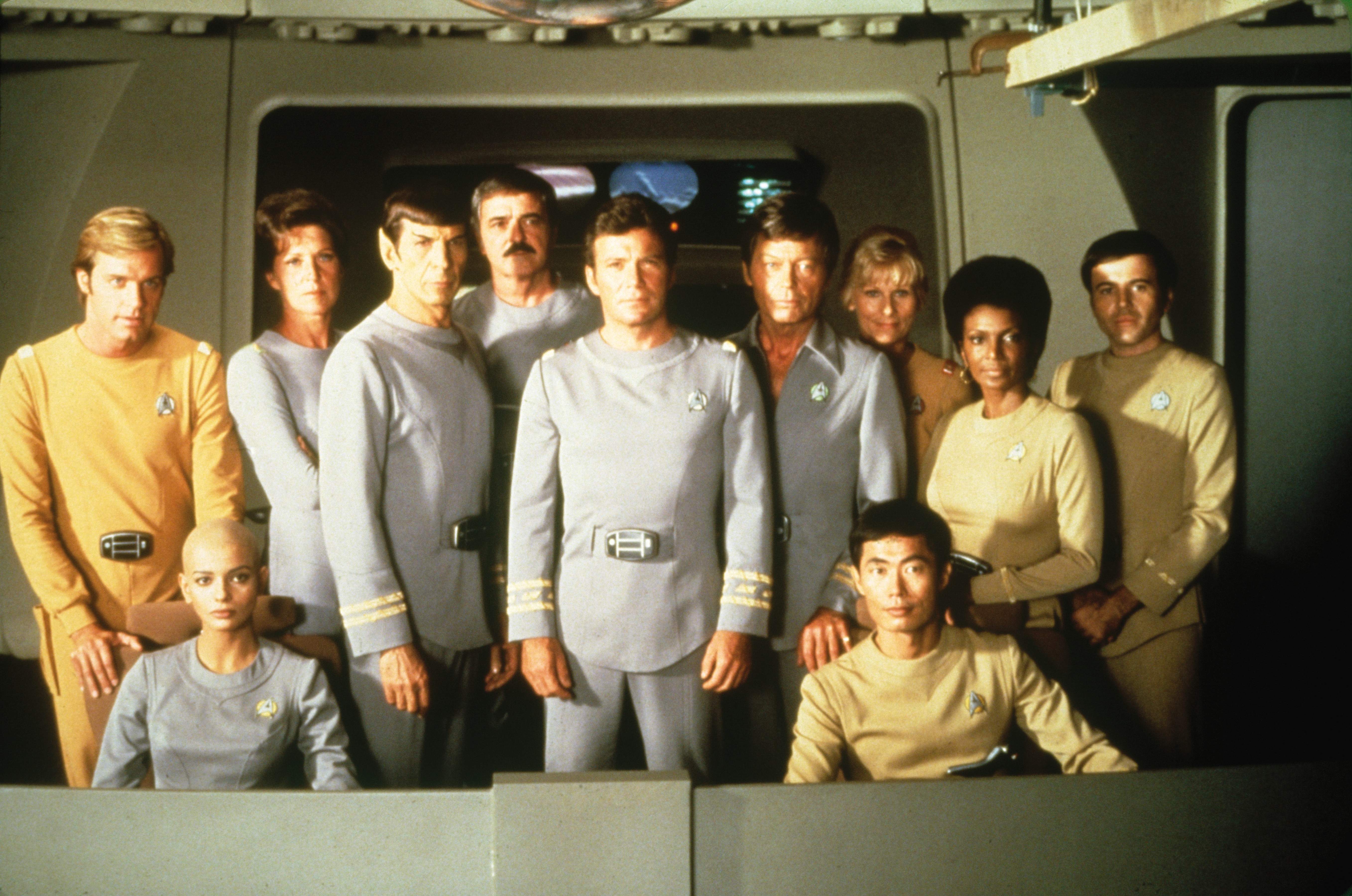 Still of Walter Koenig, Leonard Nimoy, William Shatner, Majel Barrett, James Doohan, DeForest Kelley, Persis Khambatta, George Takei, Nichelle Nichols and Grace Lee Whitney in Star Trek: The Motion Picture (1979)