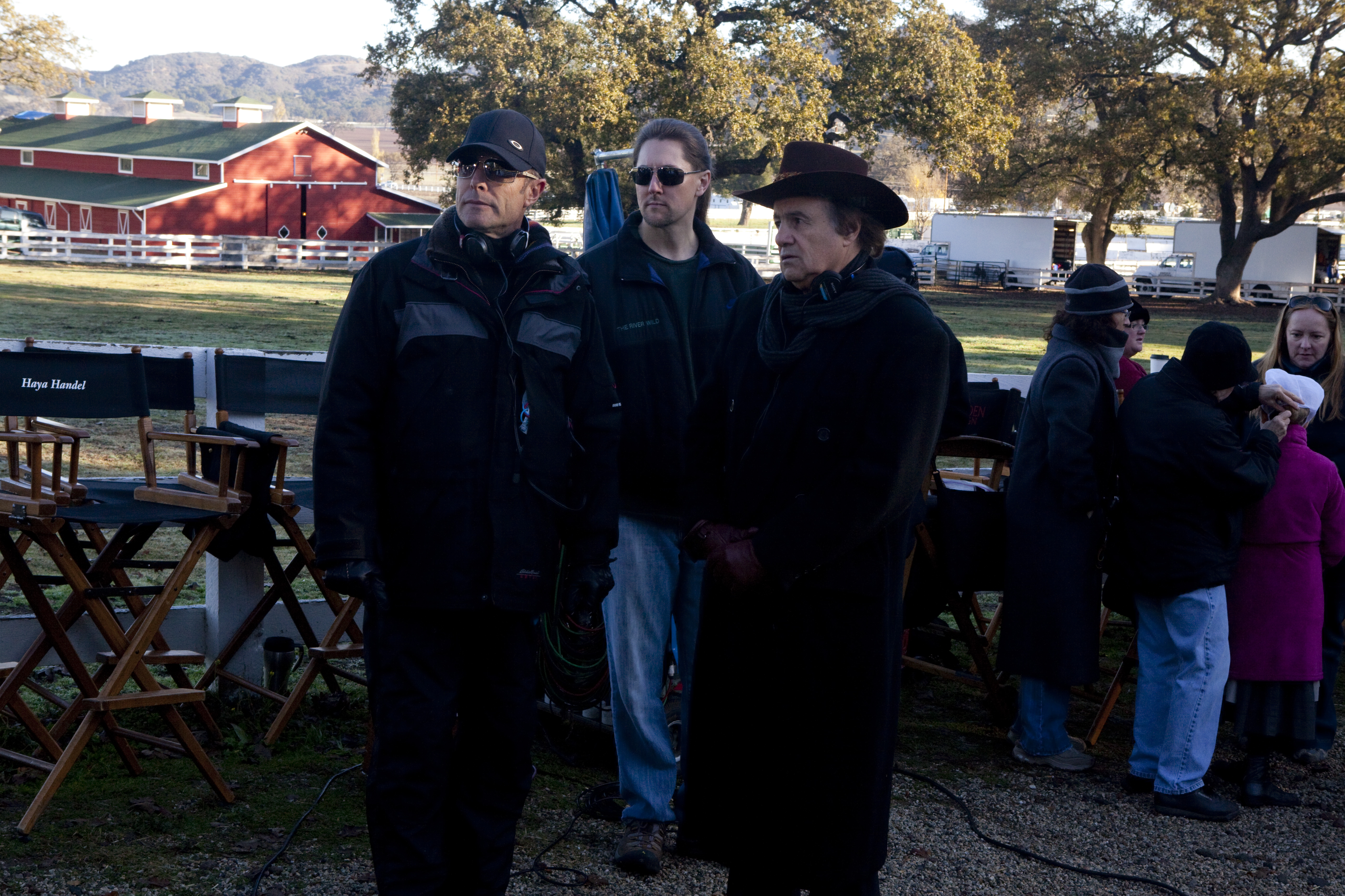 Larry A. Thompson with associate producer, Robert G. Endara II, and director, Gregg Champion, on set of 