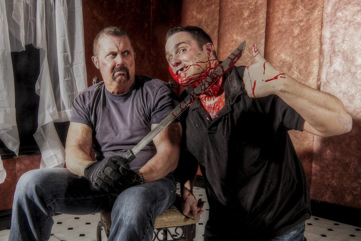Kane Hodder and author Michael Aloisi on the set of the photo shoot for Kill! Kane's biography.