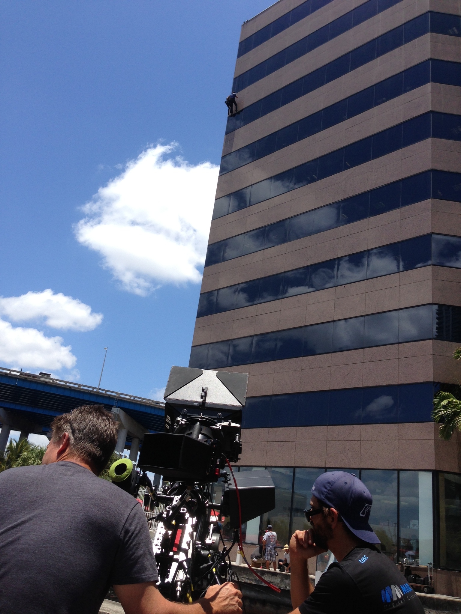 On location- 10 stories up for Burn Notice.