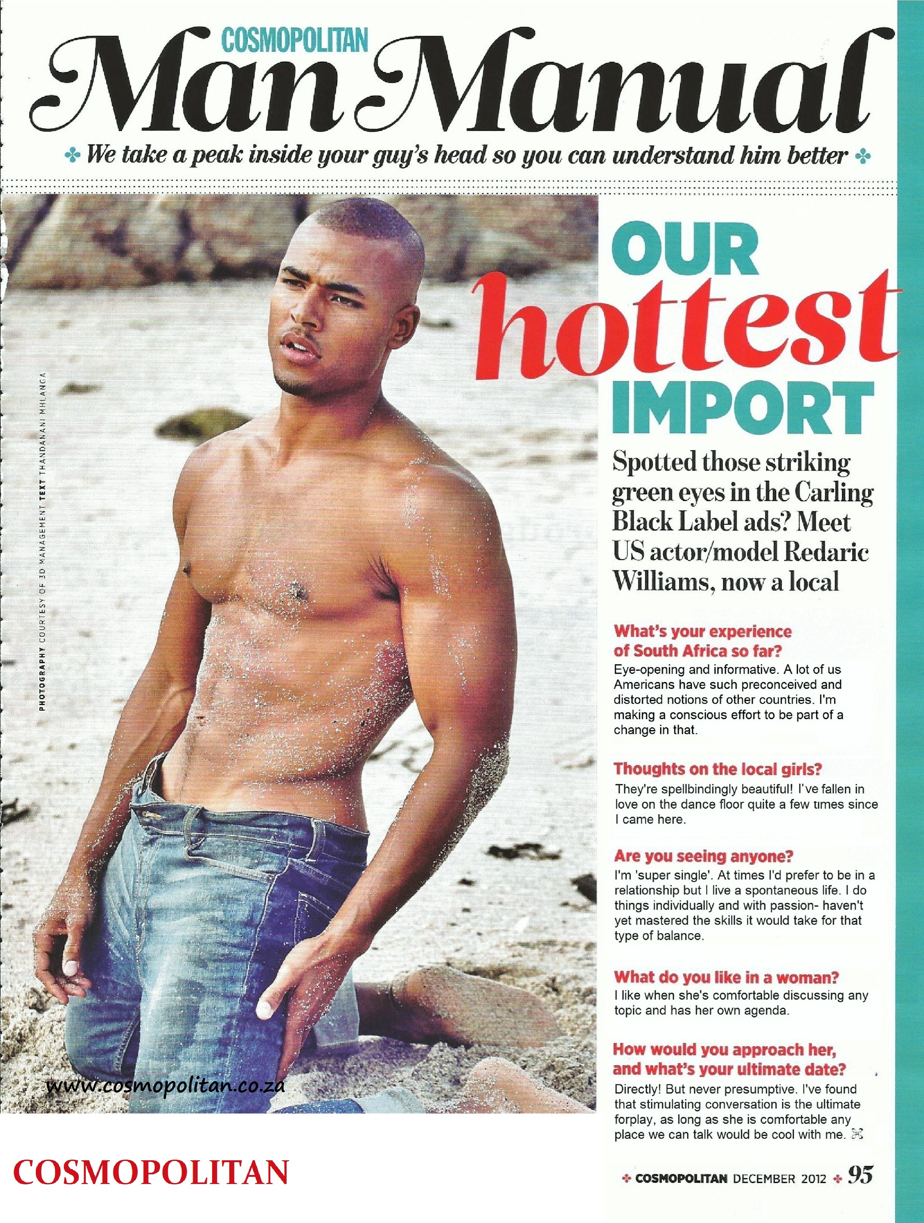 Redaric Williams Cosmopolitan Magazine SA. Interview - Man Manual cover Dec. 2012 Issue.
