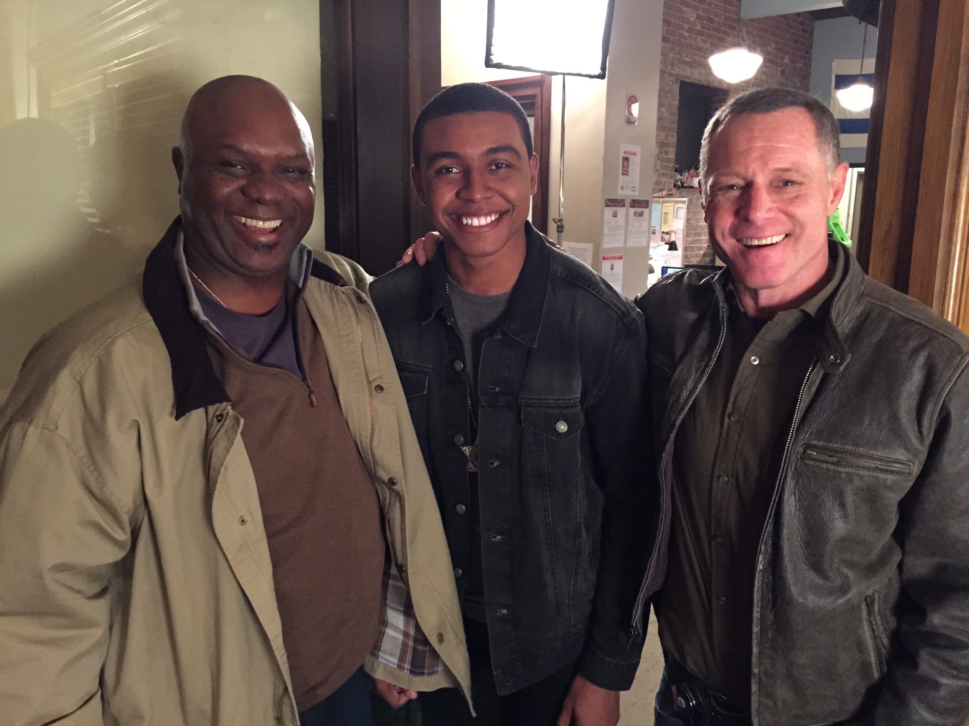 Joseph Anderson with Robert Wisdom and Jason Beghe on set of the season finale for Chicago P.D.