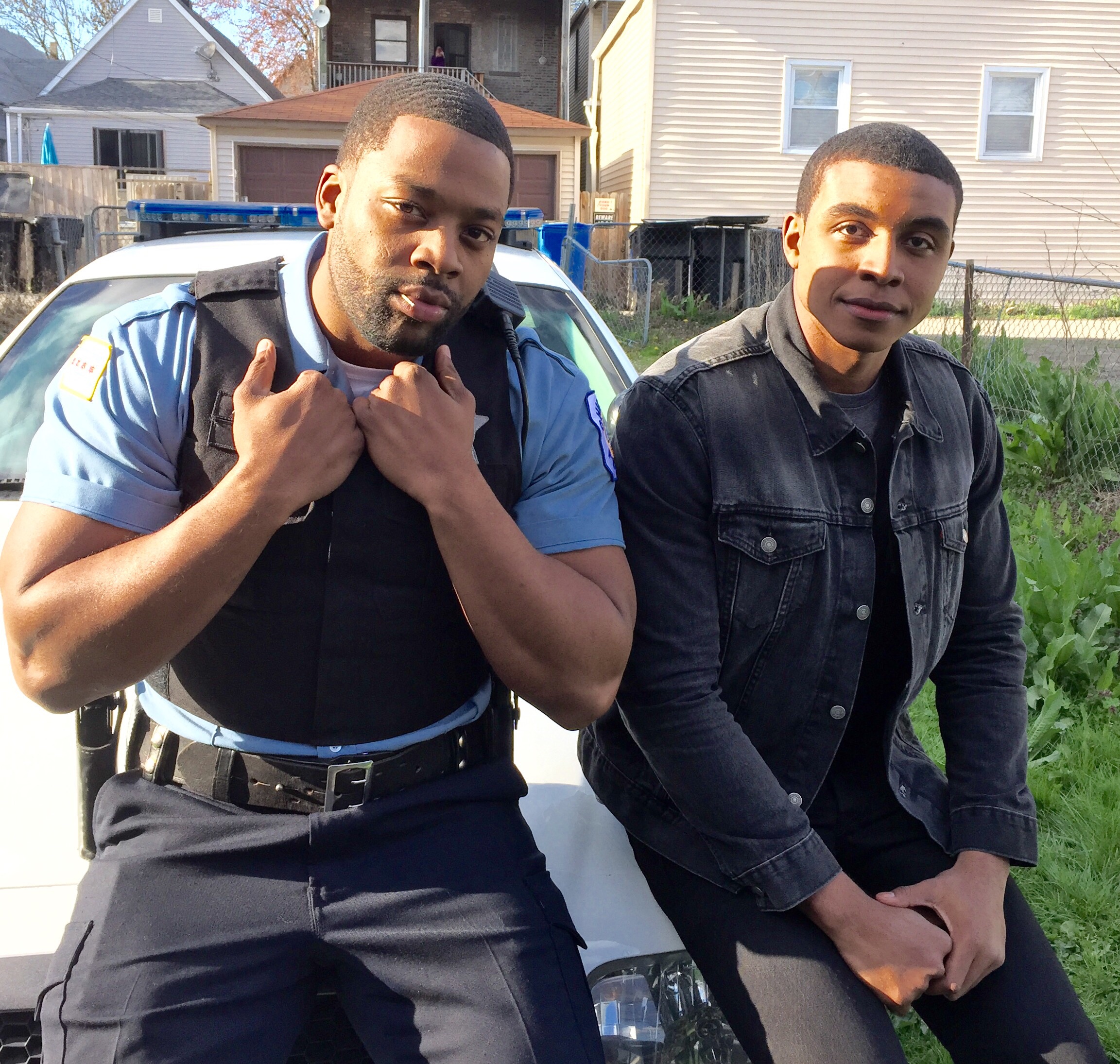 Joseph Anderson and Laroyce Hawkins on set for the season finale of Chicago P.D.