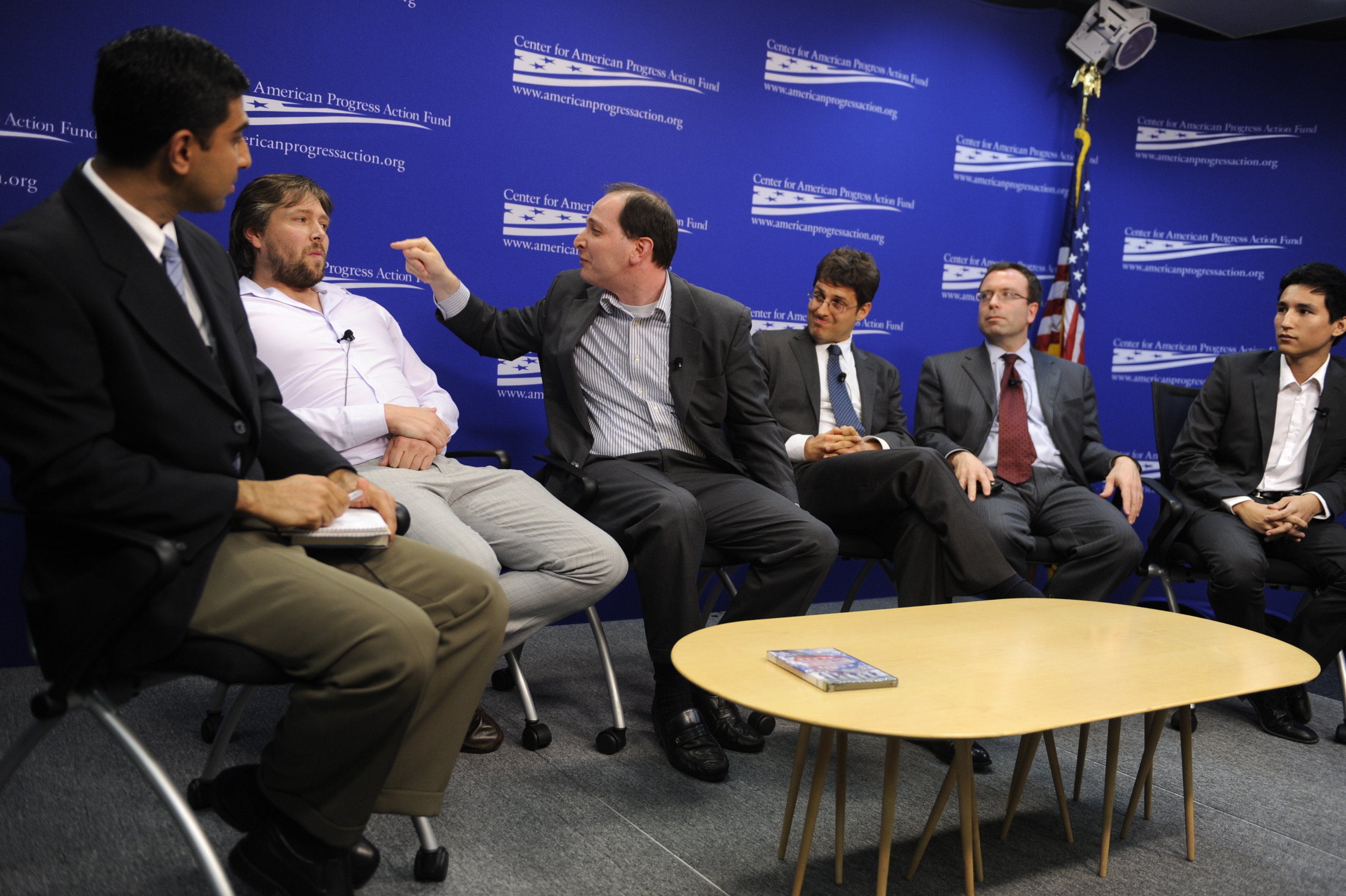 Phil Kerpen of Americans For Prosperity gets into a heated discussion with producer Taki Oldham following a screening of the film (Astro) Turf Wars as Faiz Shakir, Brad Johnson, Dana Milbank (Washington Post) and Lee Fang (The Nation) watch on.