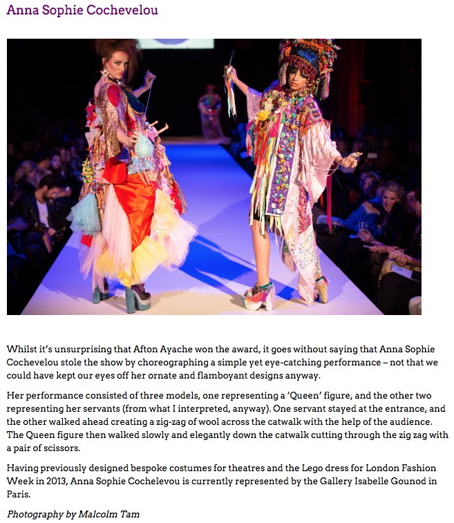 Performance and modelling for Anne Sophie Cochevelou at Brighton Fashion Week 2015. Article from blog at: http://www.pippasays.com/brighton-fashion-week-top-10-emerging-designers-you-need-to-watch/