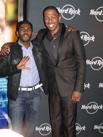 Venk Potula with Nick Cannon during the St. Mary's Kids Benefit Concert at the Hard Rock Cafe in Times Square.