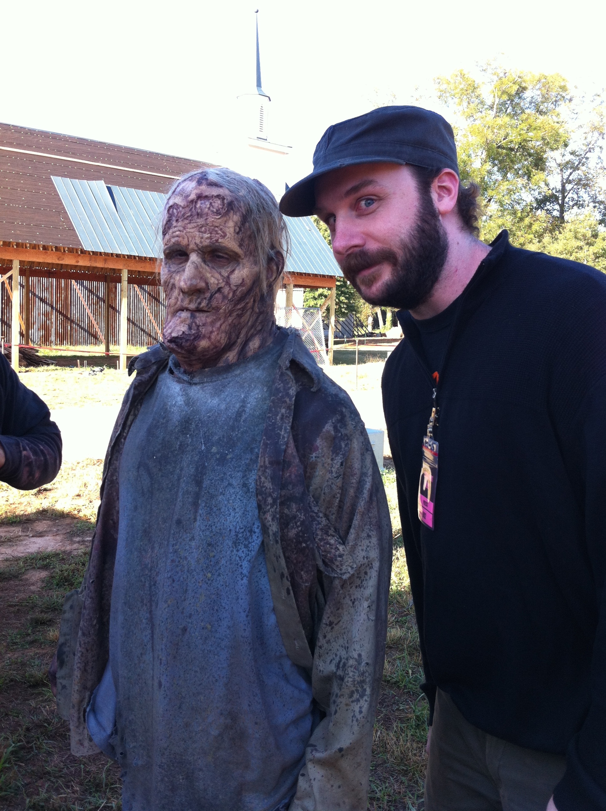 Scott Ian in character and Bloodworks director-producer Jack Bennett on the set of The Walking Dead.