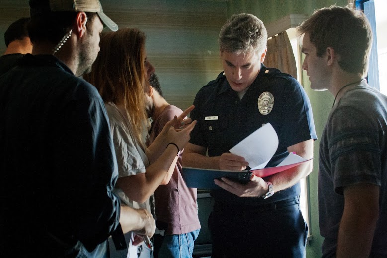 Lauren Hoekstra (Director), Vince Jolivette (Cop, Executive Producer), Tyler Neitzel (Harry), Doug Turner (AD) on the set of City Bus.