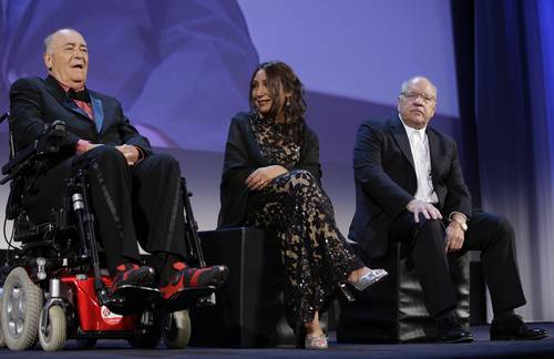 Bernardo Bertolucci, Haifaa al-Mansourand Paul Schrader on stage during the Opening Ceremony at the 70th Venice International Film Festival at the Palazzo del Cinema on August 28, 2013 in Venice, Italy.