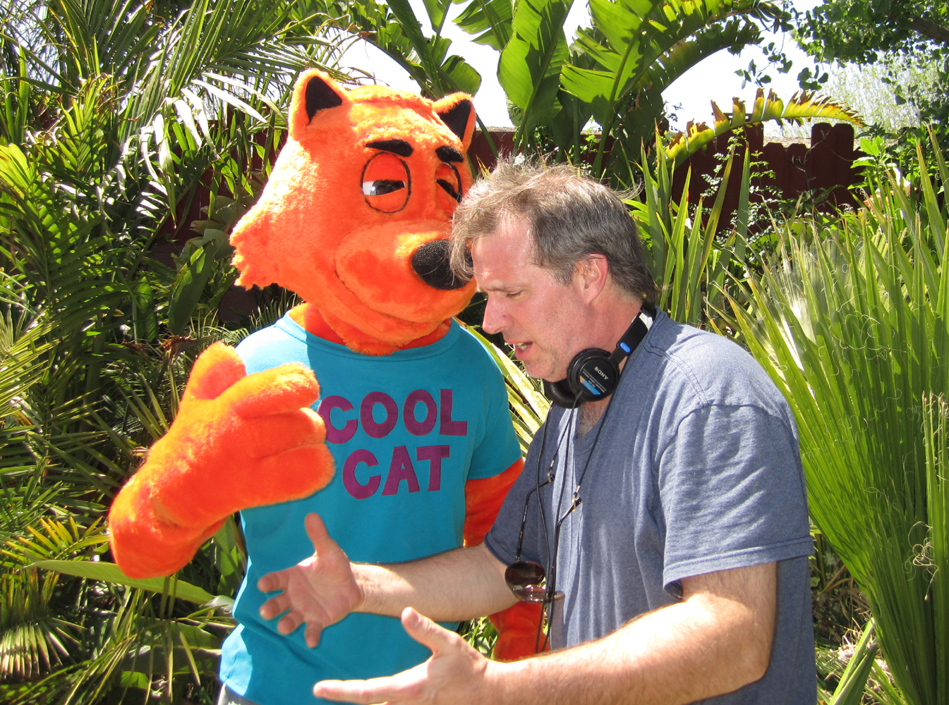 Derek Savage directing Cool Cat on Cool Cat Saves the Kids set.