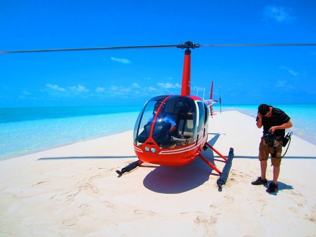 Director of Photography, Mike Miller and Helicopter Pilot, Dave Harmon on location for Private Islands: Bahamas
