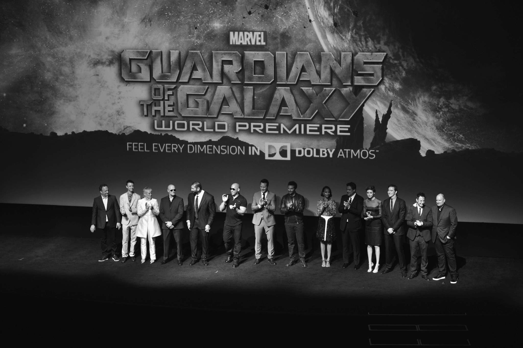 Glenn Close, Benicio Del Toro, Vin Diesel, Bradley Cooper, Louis D'Esposito, Kevin Feige, James Gunn, Sean Gunn, Chris Pratt, Michael Rooker, Zoe Saldana, Dave Bautista, Lee Pace and Karen Gillan at event of Galaktikos sergetojai (2014)