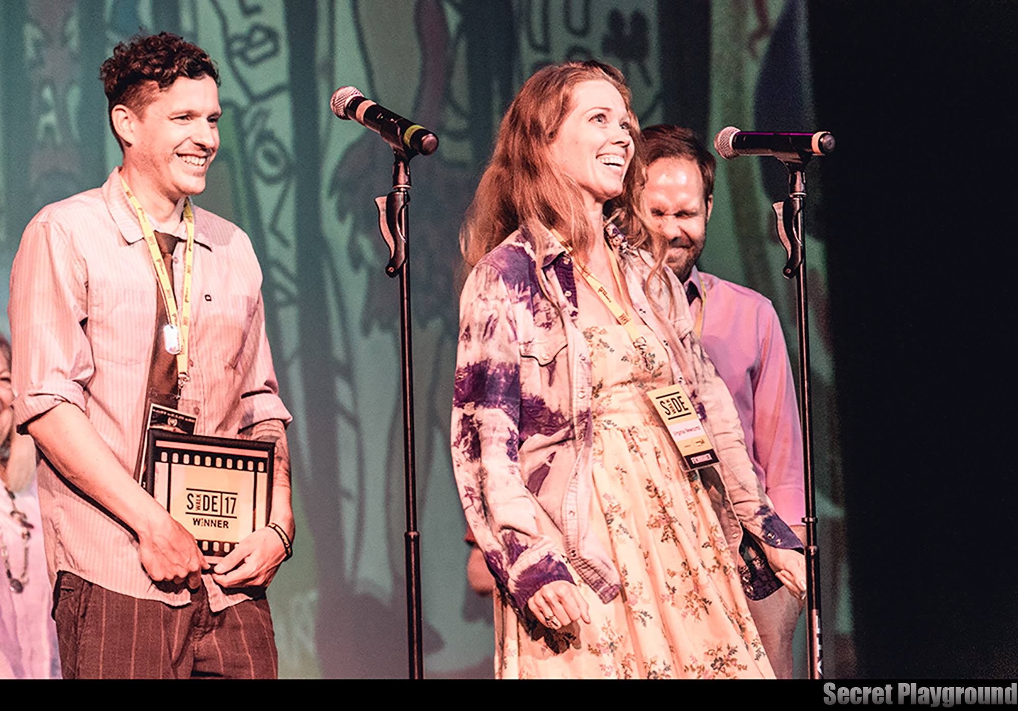 (left to right) Paul D. Hart, Virginia Newcomb & Ben Umstead accepting the Kathryn Tucker Windham Storytelling Jury Award at Sidewalk Film Festival