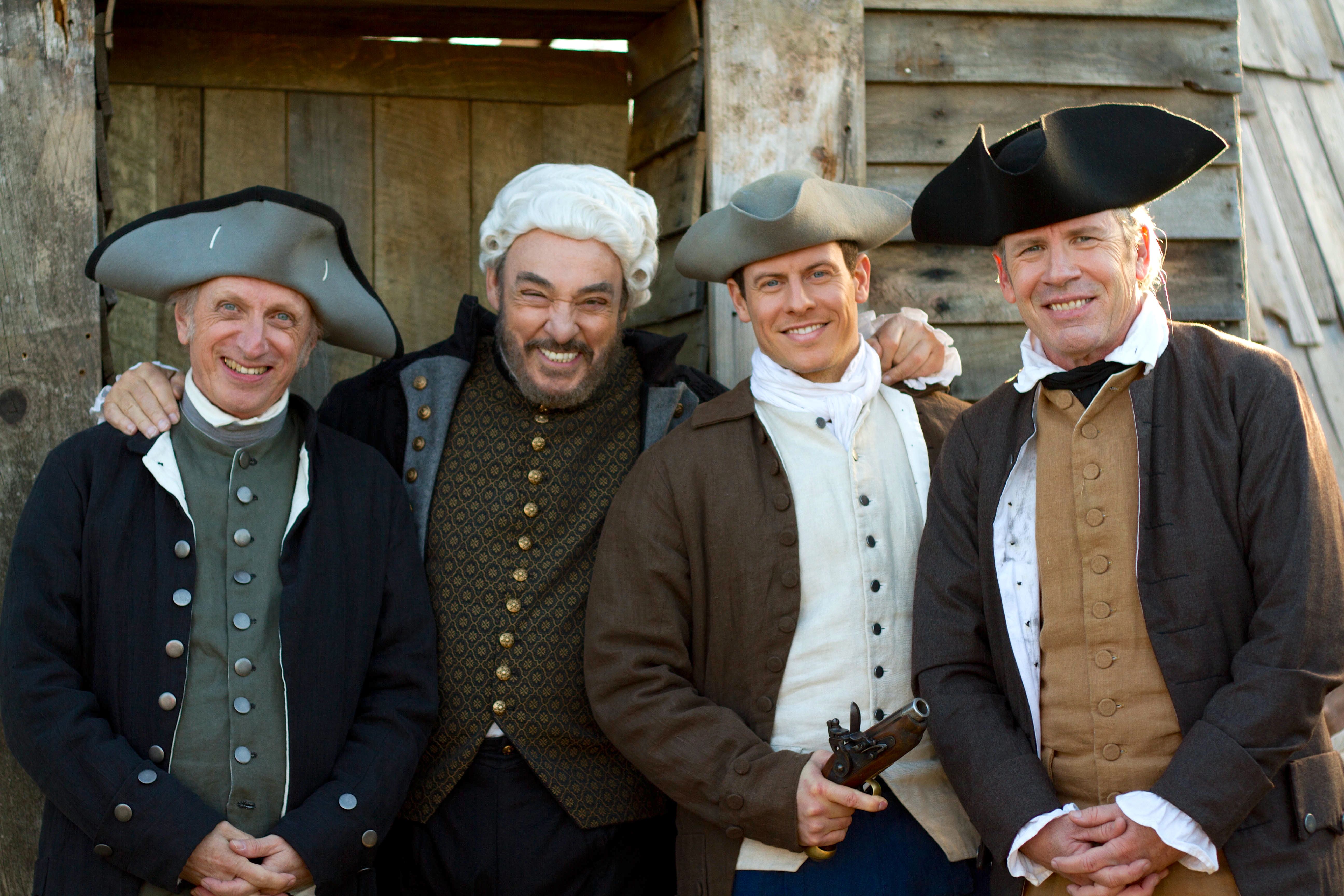 Behind the scenes on the set of BEYOND THE MASK. (Pictured left to right) Thomas D. Mahard, John Rhys-Davies, Franco Pulice, Steve Blackwood)