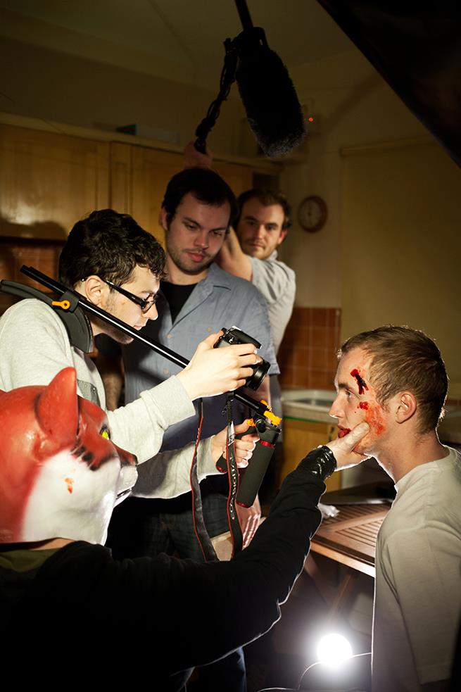 Ezra Bristow (As 'Fox'), Greg Anthony James, Glenn Bunn, Kieron Johnston & Samuel Griffiths (As 'Peter') on the set of 'Unmasked' [2013]