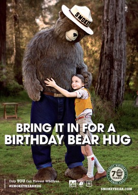 Sophia & Smokey Bear during her Smokey Bear 70th Birthday commercial & print campaign.