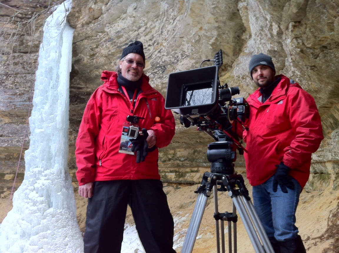 William Kleinert (left), Producer/Director, PROJECT: ICE, on location at Pictured Rocks National Lakeshore (NPS), Lake Superior shoreline, Michigan, 2012.