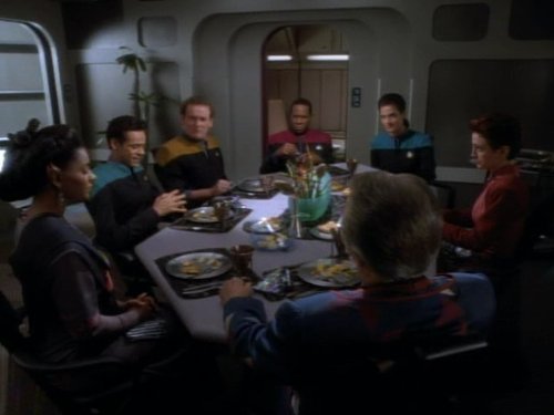 Still of Terry Farrell, Colm Meaney, Nana Visitor, Avery Brooks, Richard Kiley, Salli Richardson-Whitfield and Alexander Siddig in Star Trek: Deep Space Nine (1993)