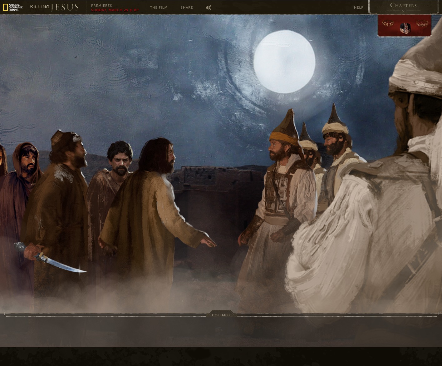 Art work from Nat geo Interactive 'Killing Jesus' website - Malchus apprehends Jesus in the Garden