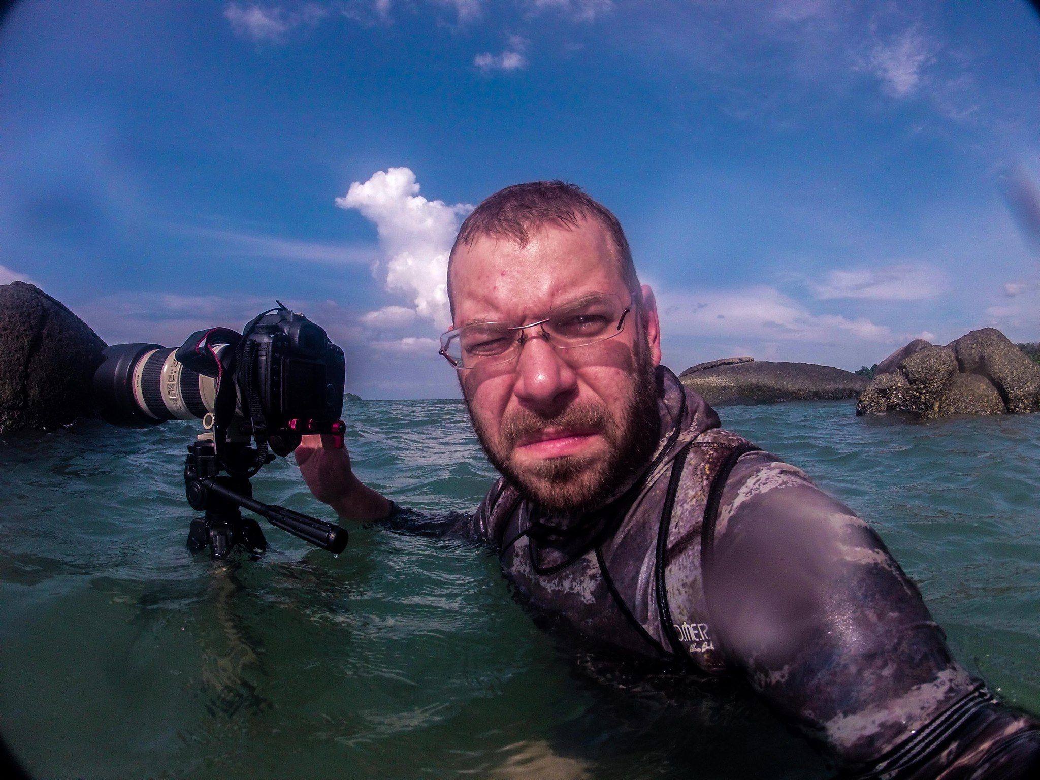 documentary wildlife photography filming on assignement in Andaman and Nicobar Islands - a selfie for testing second DSLR setup