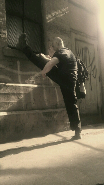 Stretching before my fight scene. On the Tom Cruise Oblivion set.. 2012