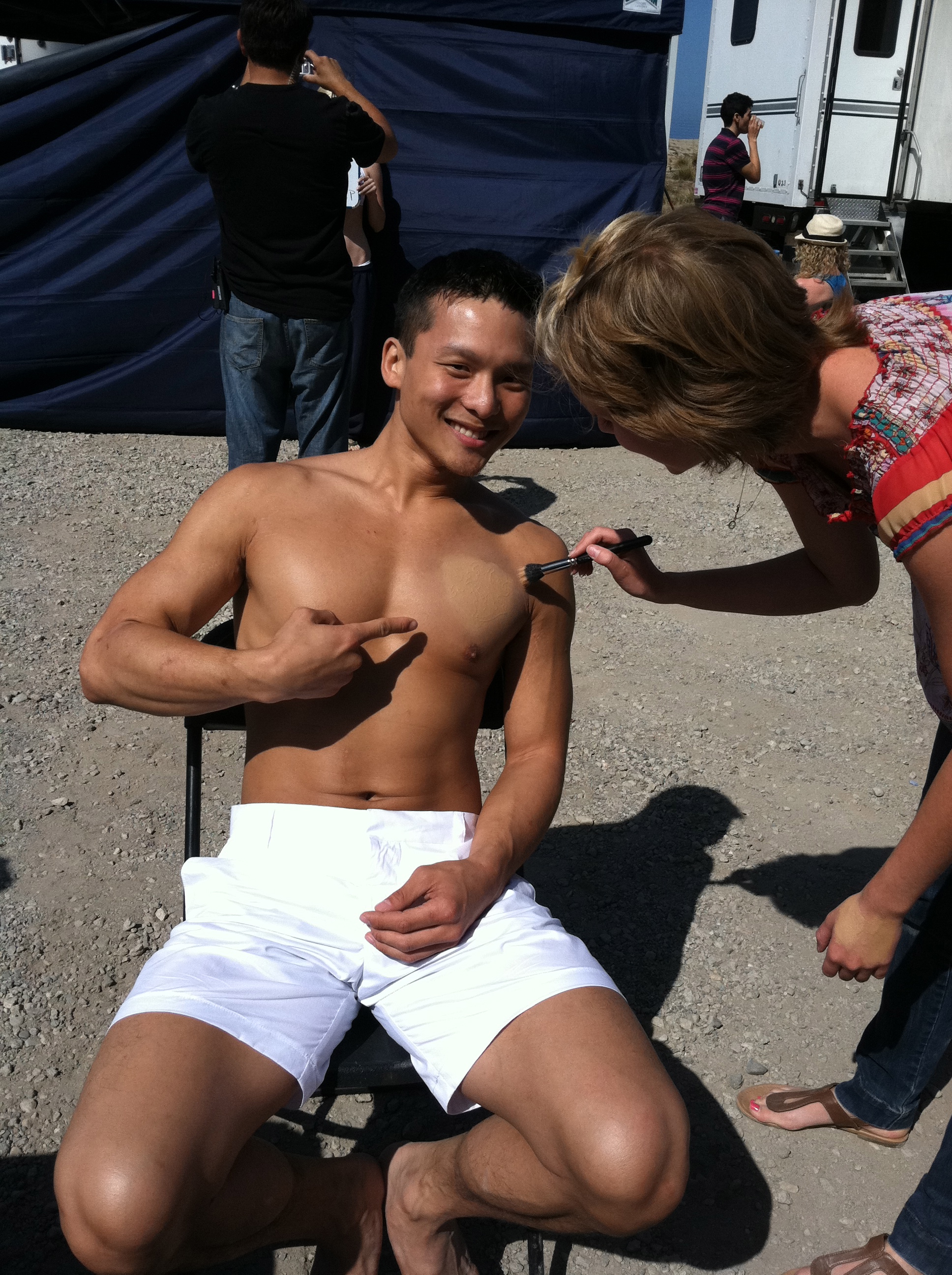 On set getting tattoo covered up... Was an amazing day of shooting at the beach.