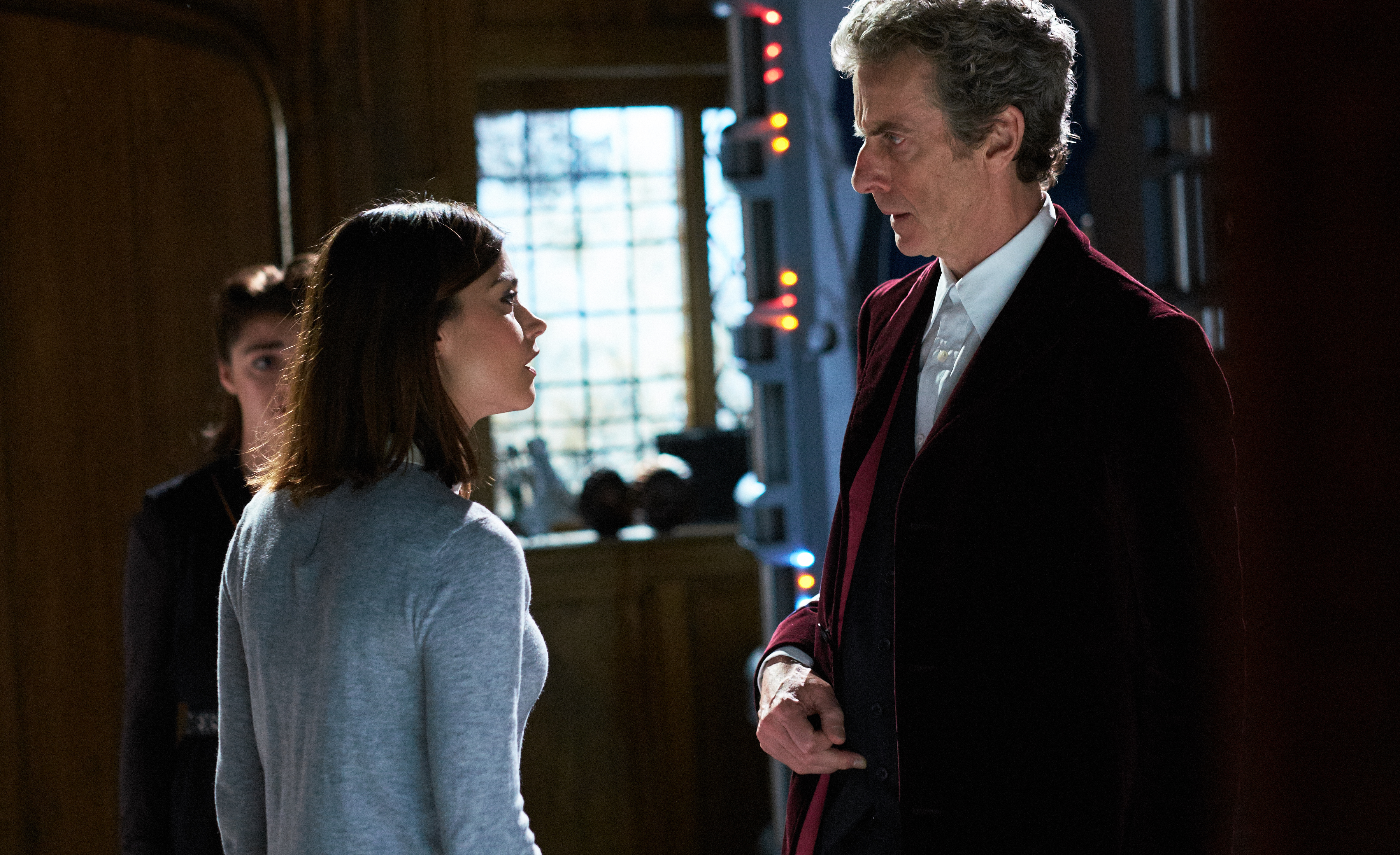 Still of Peter Capaldi, Jenna Coleman and Maisie Williams in Doctor Who (2005)