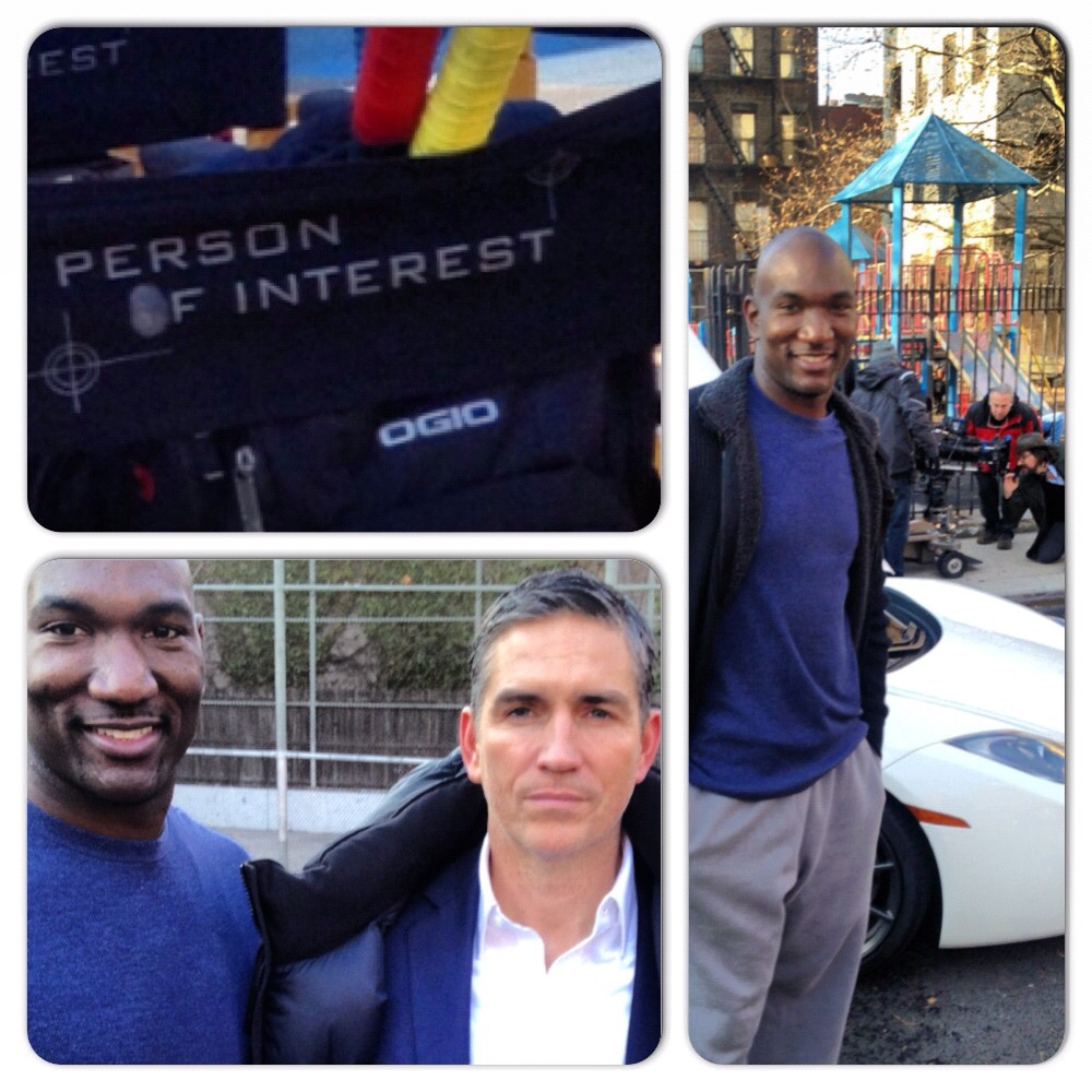 On set Person of Interest. Jermain Hollman & Jim Caviezel