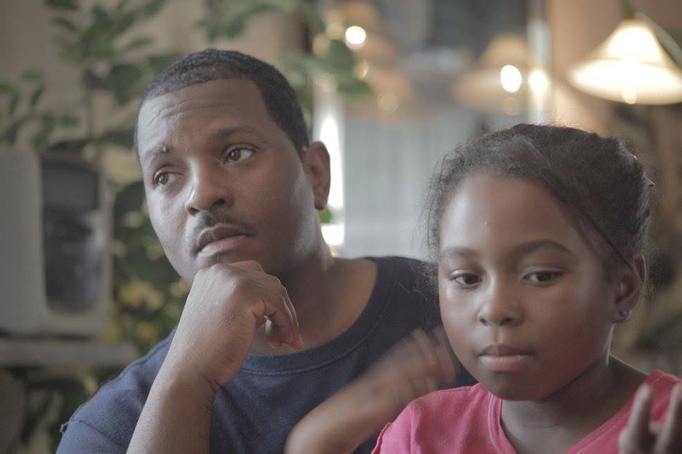 McKenzie (as Young Joy) on set with her 'real dad' for Chi Voices A Poetic Film Series