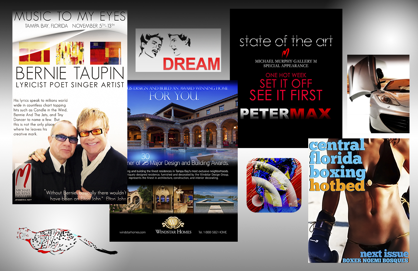 Screenshot view of a few prior works; Content Creation / Production / Art / Design / J.Campbell dba JENMEDIA / JENMEDIA.NET
