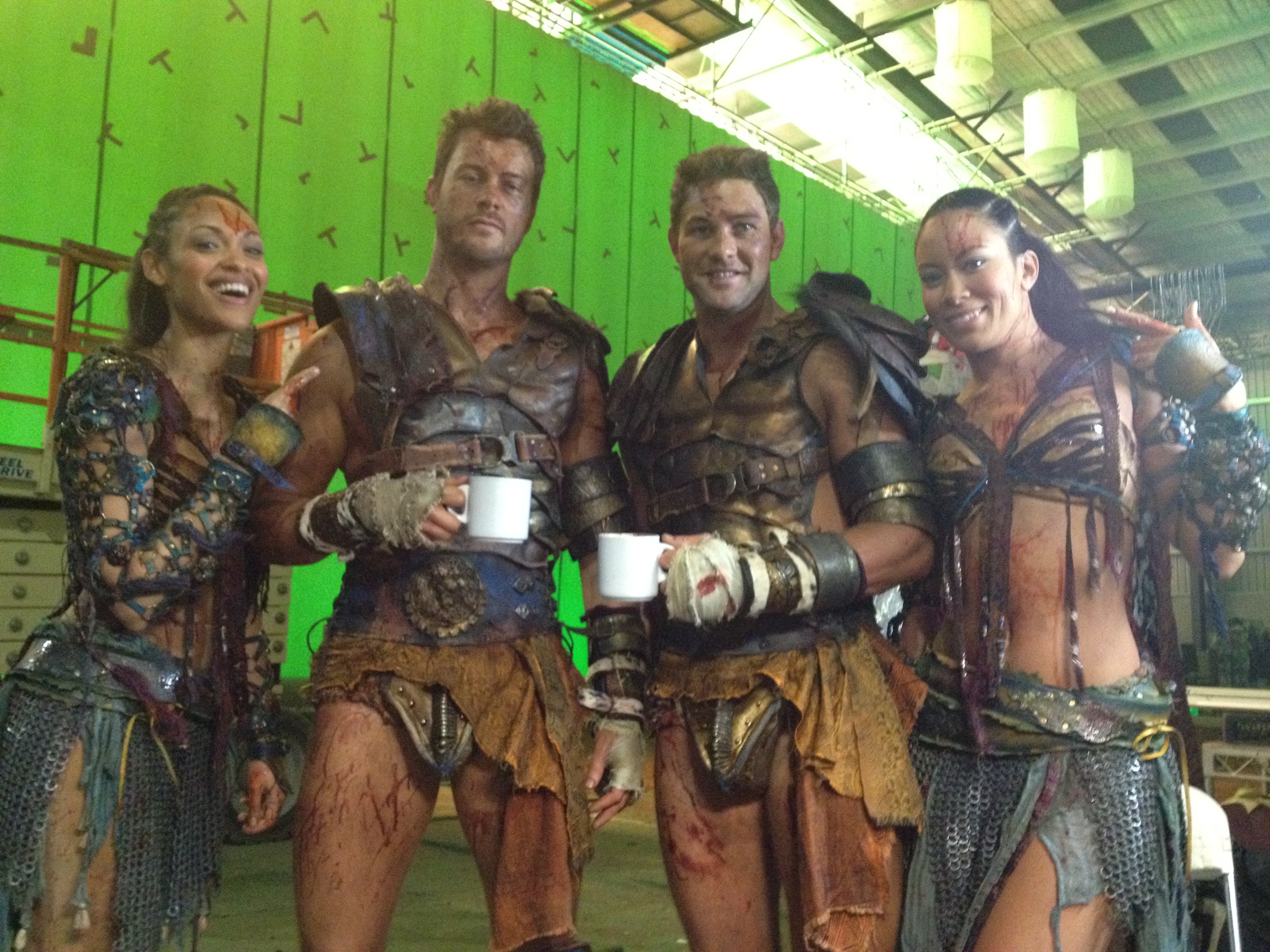 Cynthia Addai Robinson and Dan Feuerriegel with Stunt Doubles Taran Howell and Ashlee Fidow on Spartacus: War of the Damned