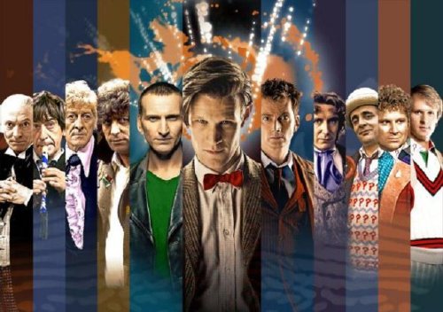 Christopher Eccleston, Paul McGann, Colin Baker, Tom Baker, Peter Davison, William Hartnell, Sylvester McCoy, Jon Pertwee, David Tennant, Patrick Troughton and Matt Smith in Doctor Who (2005)