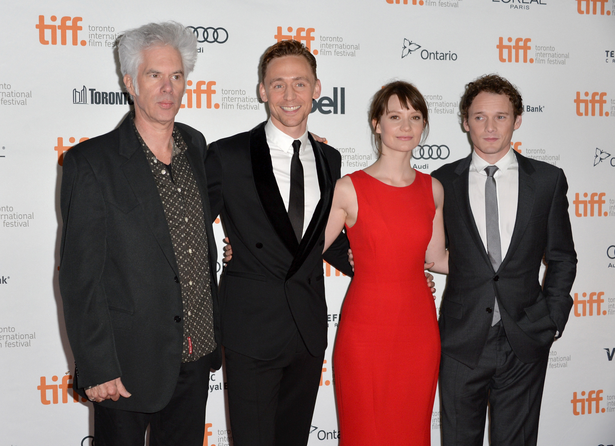 Jim Jarmusch, Anton Yelchin, Tom Hiddleston and Mia Wasikowska at event of Isgyvena tik mylintys (2013)