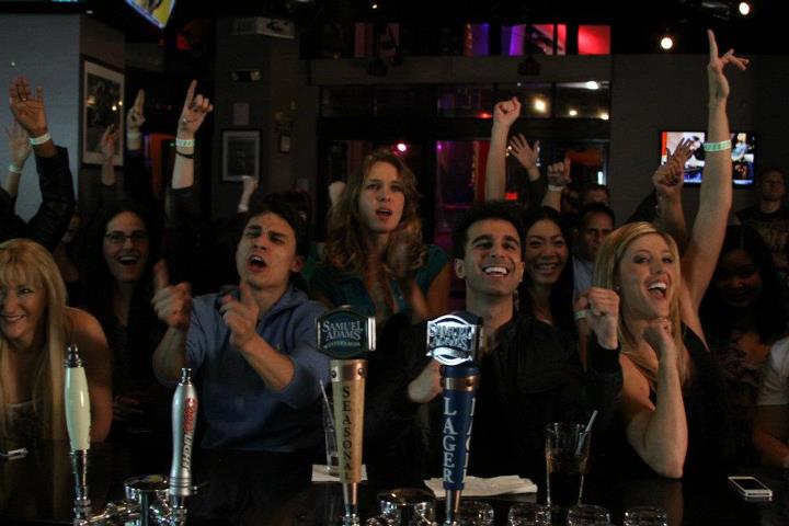 Gina, far left, in an internet commerical for Gillian's Restaurant & Pub, Los Angeles.