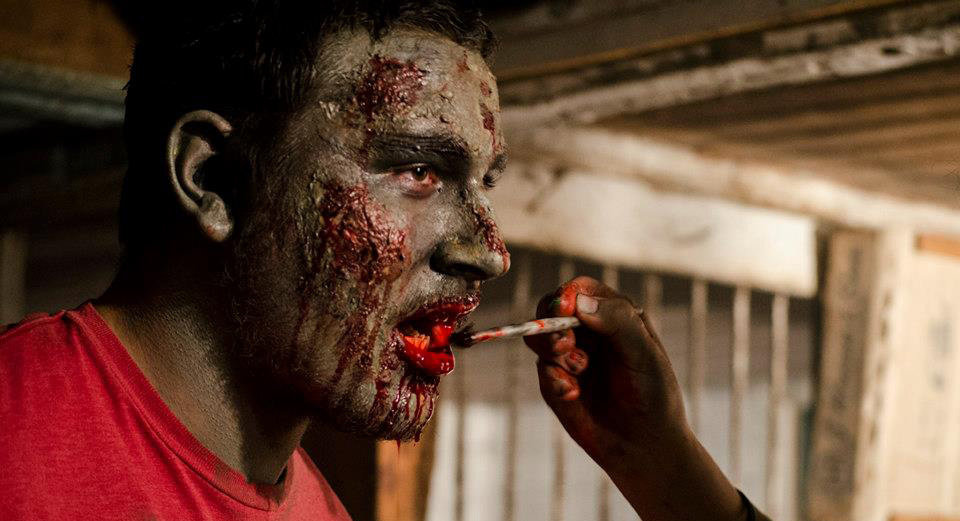 Applying make-up to our principle zombie, Salvatore Sabia from Call of Duty Undead.