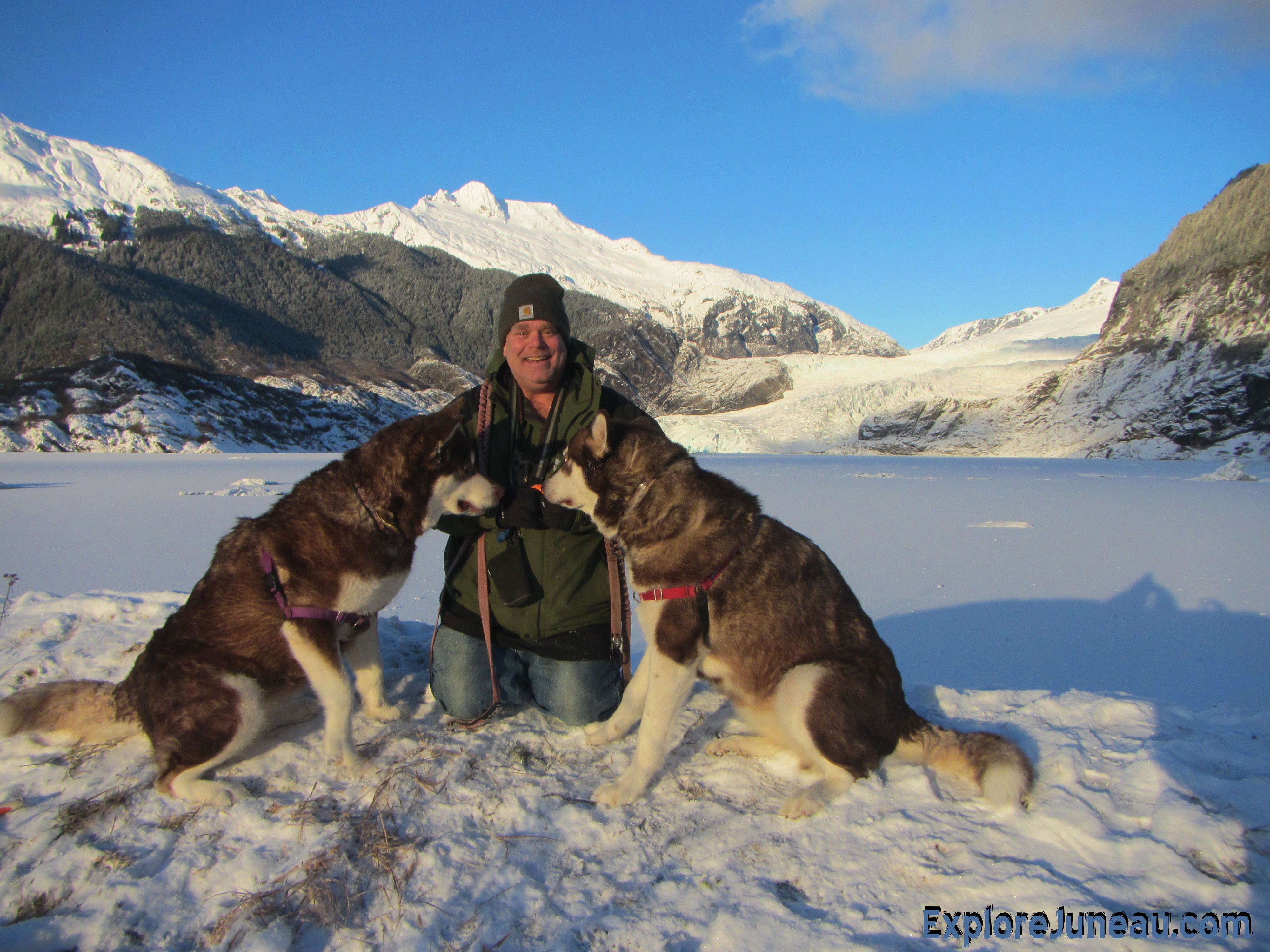 1 O'Clock Shadow! Skadi & Freya with Russell Josh Peterson in Juneau Alaska at Mendenhall Glacier - December 13, 2015. Thank you for your Kindness and Support!