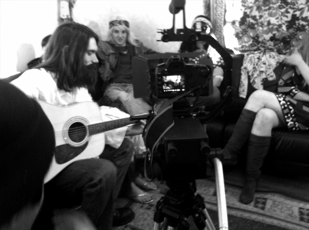 Thomas Delcarpio as Charles Manson on the set of Honky Holocaust.