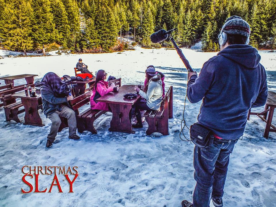 Behind the scenes on 'Christmas Slay'. (AD Lane, Jivko Jorolanol, Dani Thompson, Lydia Kay, Danny Allen)